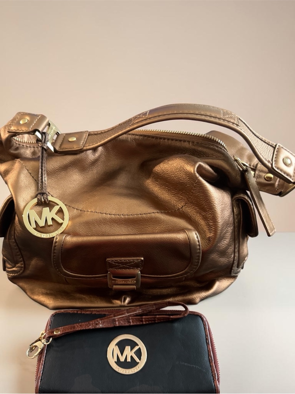 Michael Kors Bronze Metallic Leather Shoulder Bag with MK Charm